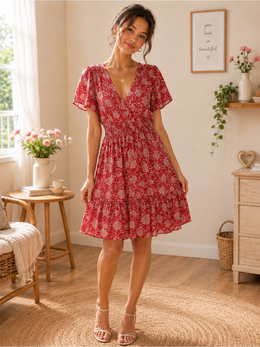 Lily Rose . Red Floral V-Neck Short Sleeve Dress Size Large